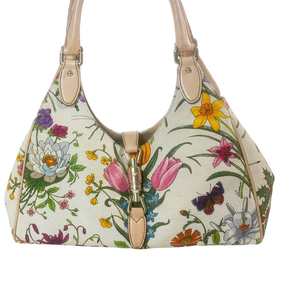 Gucci Handbags - Gucci Jackie Flora Cream Floral Canvas Leather Shoulder Bag